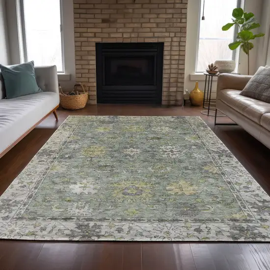 Sage Gray And Gold Floral Washable Indoor Outdoor Area Rug Photo 7