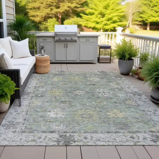 Sage Gray And Gold Floral Washable Indoor Outdoor Area Rug Photo 5