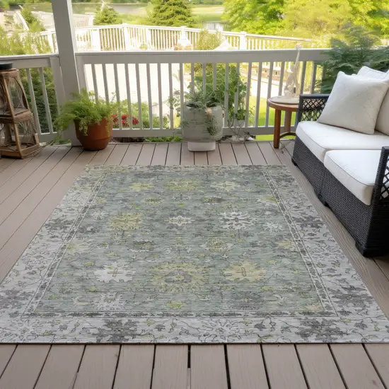 Sage Gray And Gold Floral Washable Indoor Outdoor Area Rug Photo 8
