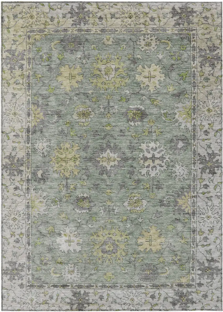 Sage Gray And Gold Floral Washable Indoor Outdoor Area Rug Photo 1