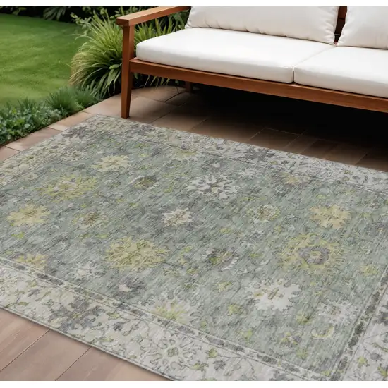 Sage Gray And Gold Floral Washable Indoor Outdoor Area Rug Photo 2