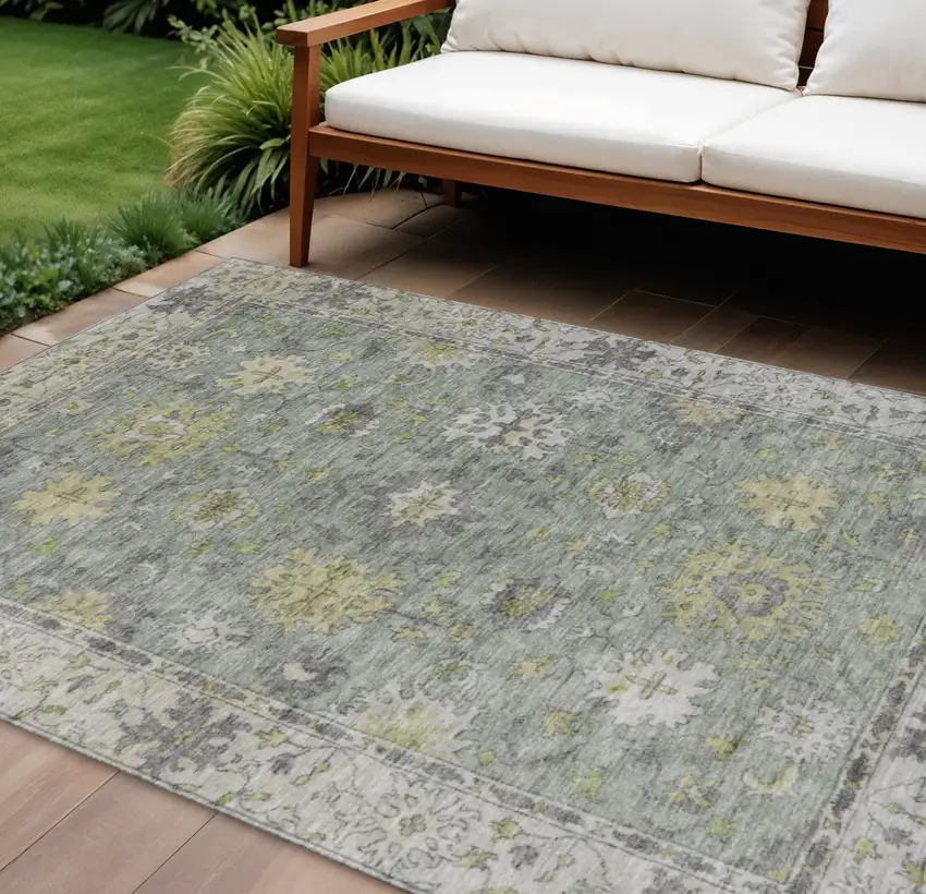 Sage Gray And Gold Floral Washable Indoor Outdoor Area Rug Photo 2