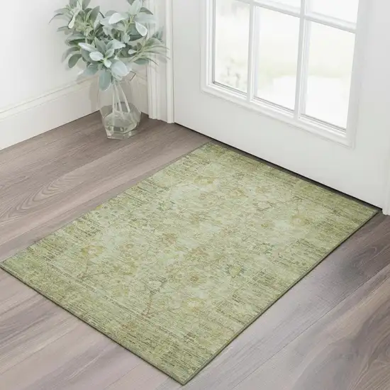 Sage Gray And Gold Oriental Washable Area Rug With UV Protection Photo 2