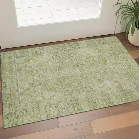 Sage Gray And Gold Oriental Washable Area Rug With UV Protection Photo 1
