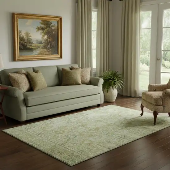 Sage Gray And Gold Oriental Washable Area Rug With UV Protection Photo 2