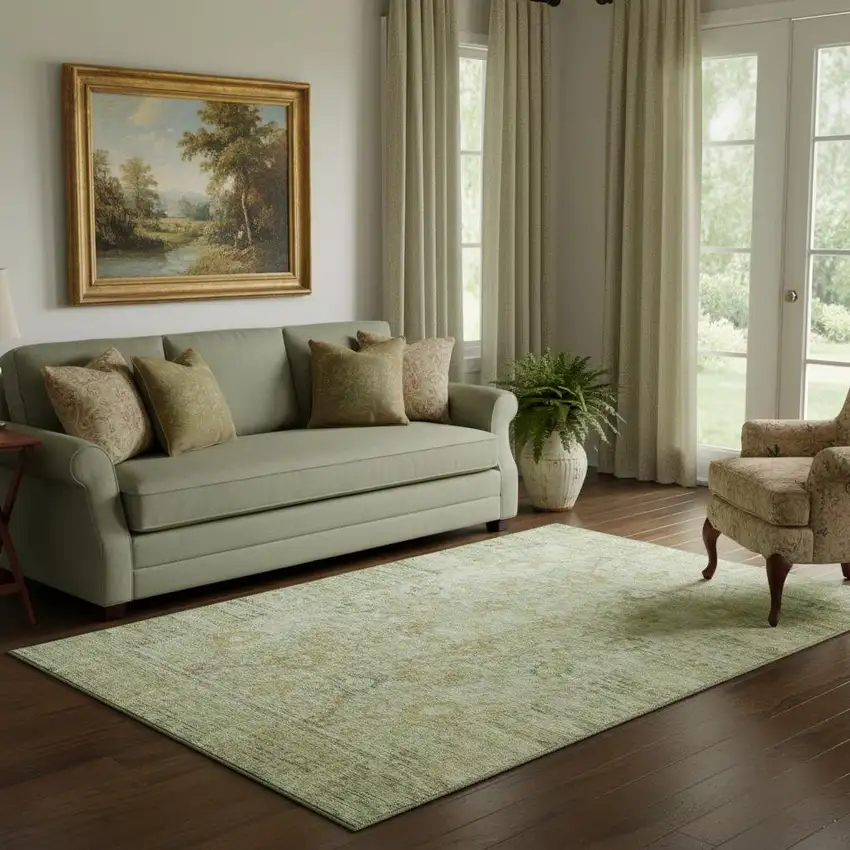 Sage Gray And Gold Oriental Washable Area Rug With UV Protection Photo 2