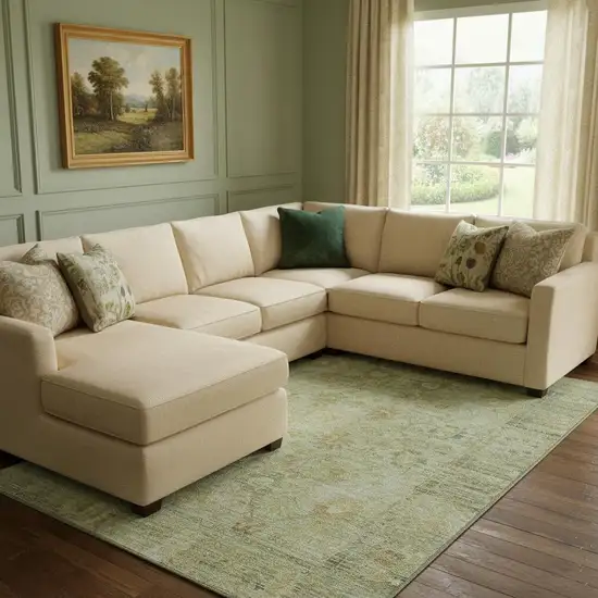 Sage Gray And Gold Oriental Washable Area Rug With UV Protection Photo 2