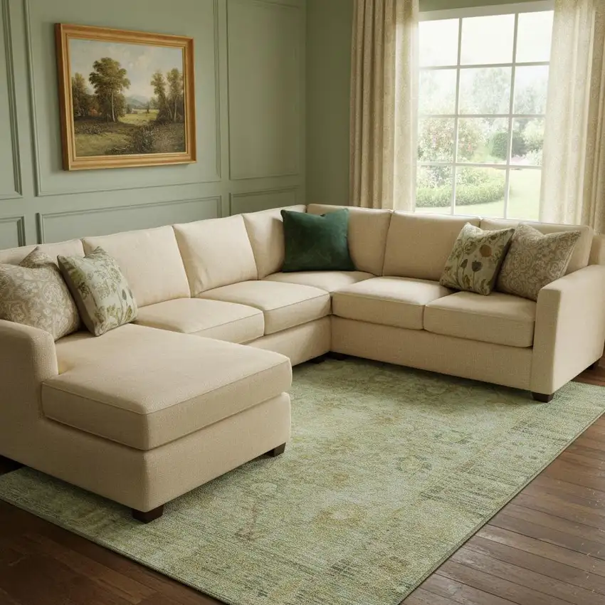 Sage Gray And Gold Oriental Washable Area Rug With UV Protection Photo 2