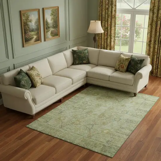 Sage Gray And Gold Oriental Washable Area Rug With UV Protection Photo 2