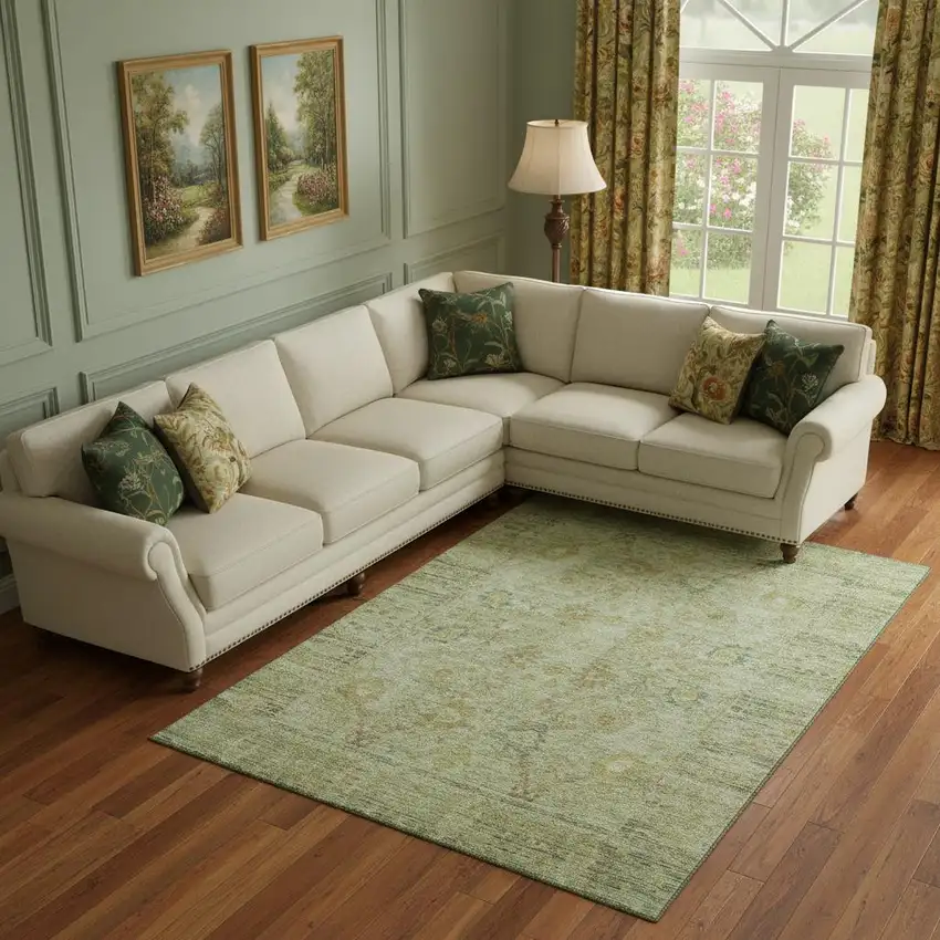 Sage Gray And Gold Oriental Washable Area Rug With UV Protection Photo 2