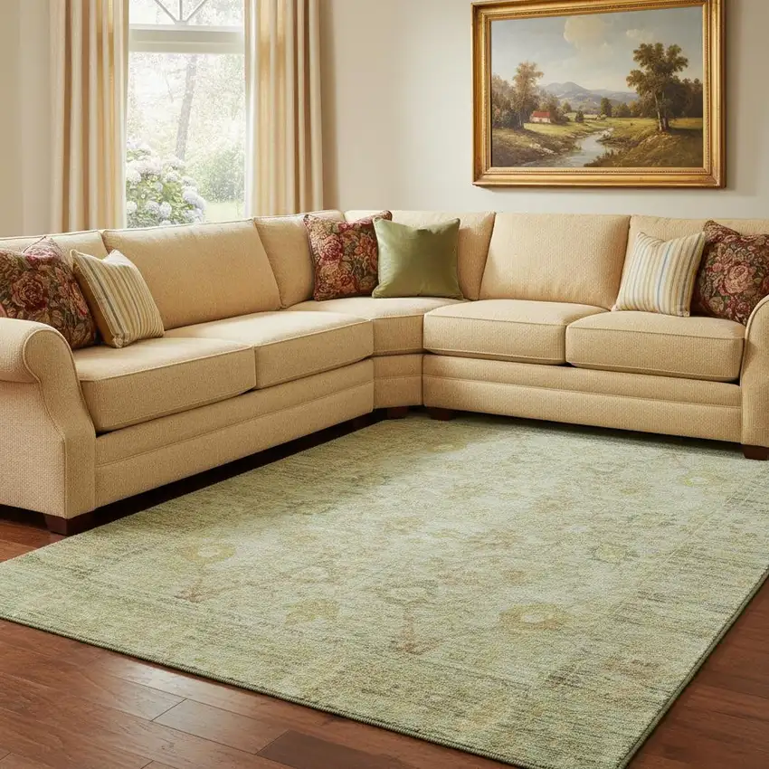 Sage Gray And Gold Oriental Washable Area Rug With UV Protection Photo 2