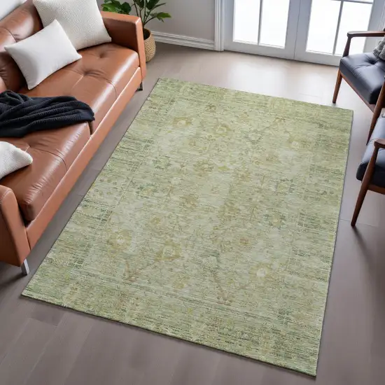 Sage Gray And Gold Oriental Washable Area Rug With UV Protection Photo 5