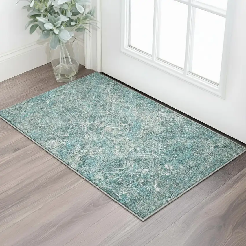 Sage Gray And Ivory Diamond Washable Area Rug With UV Protection Photo 2