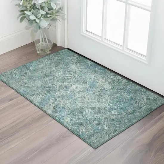 Sage Gray And Ivory Diamond Washable Area Rug With UV Protection Photo 1