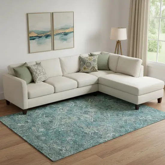 Sage Gray And Ivory Diamond Washable Area Rug With UV Protection Photo 1