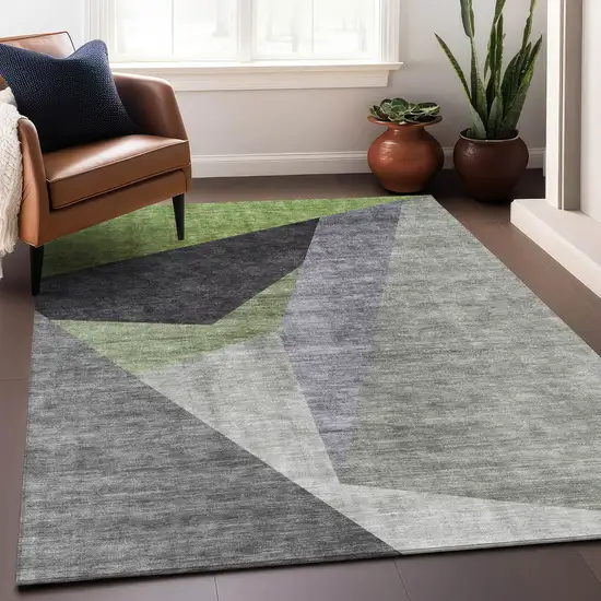 Sage Gray And Ivory Geometric Washable Area Rug With UV Protection Photo 7
