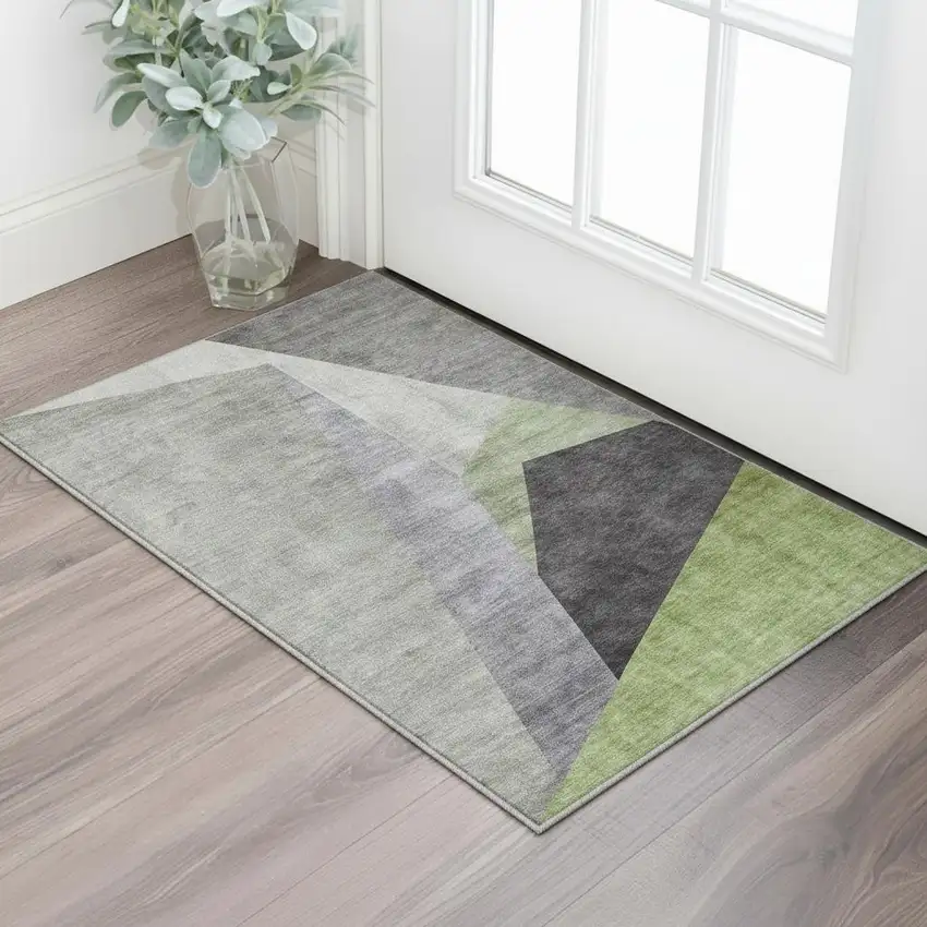 Sage Gray And Ivory Geometric Washable Area Rug With UV Protection Photo 2