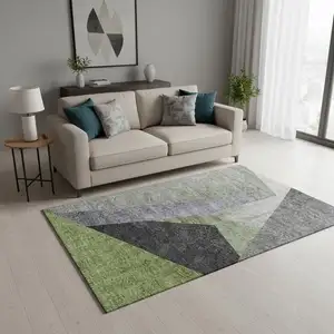 Photo of Sage Gray And Ivory Geometric Washable Area Rug With UV Protection
