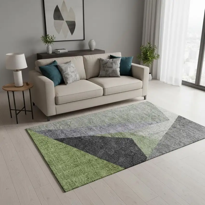 Sage Gray And Ivory Geometric Washable Area Rug With UV Protection Photo 1