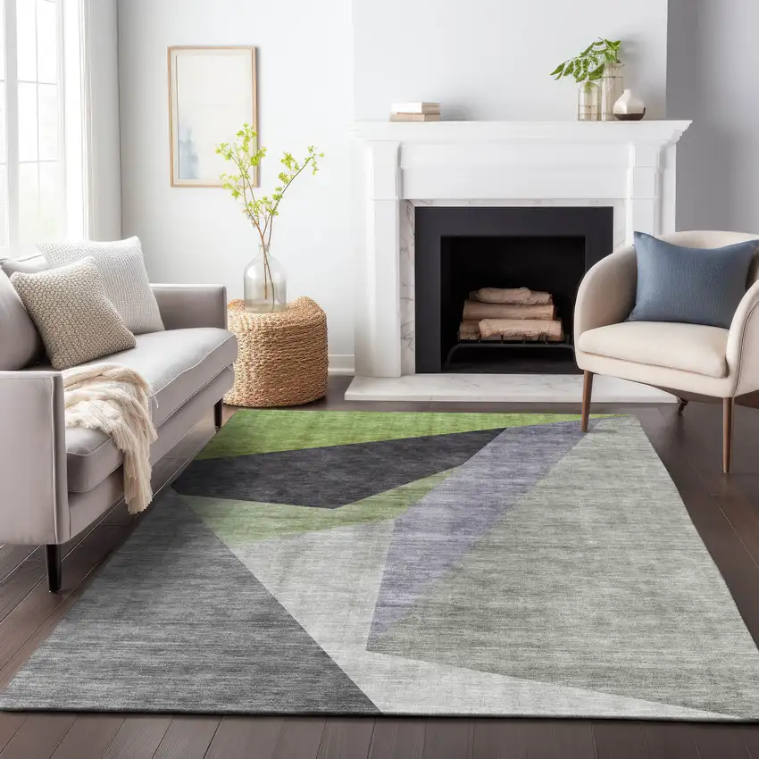 Sage Gray And Ivory Geometric Washable Area Rug With UV Protection Photo 6