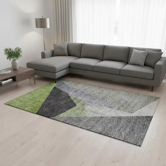 Sage Gray And Ivory Geometric Washable Area Rug With UV Protection Photo 1