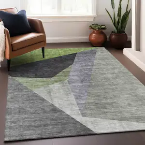 Photo of Sage Gray And Ivory Geometric Washable Area Rug With UV Protection