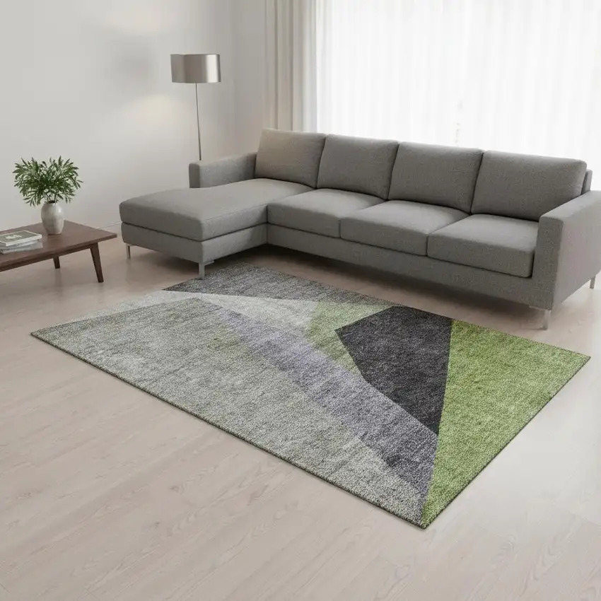 Sage Gray And Ivory Geometric Washable Area Rug With UV Protection Photo 1