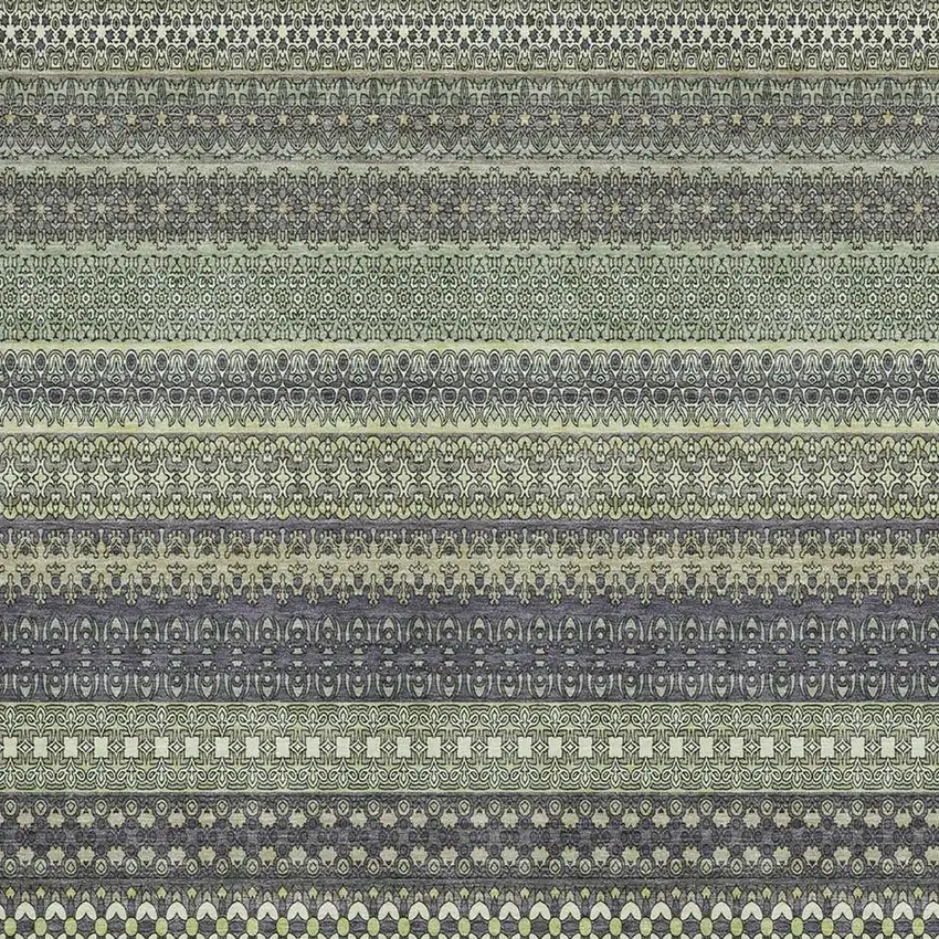 Sage Gray And Ivory Striped Washable Area Rug With UV Protection Photo 3