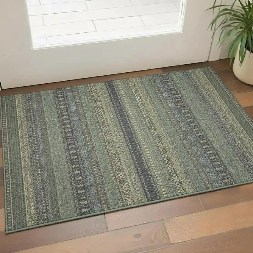 Sage Gray And Ivory Striped Washable Area Rug With UV Protection Photo 1