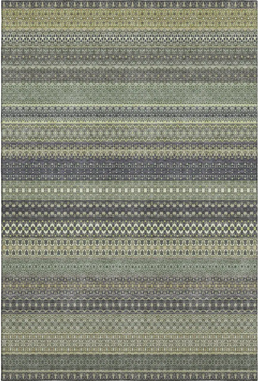 Sage Gray And Ivory Striped Washable Area Rug With UV Protection Photo 1