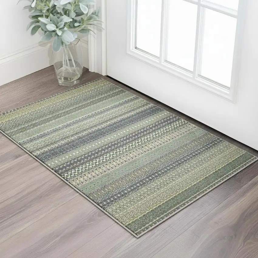 Sage Gray And Ivory Striped Washable Area Rug With UV Protection Photo 2