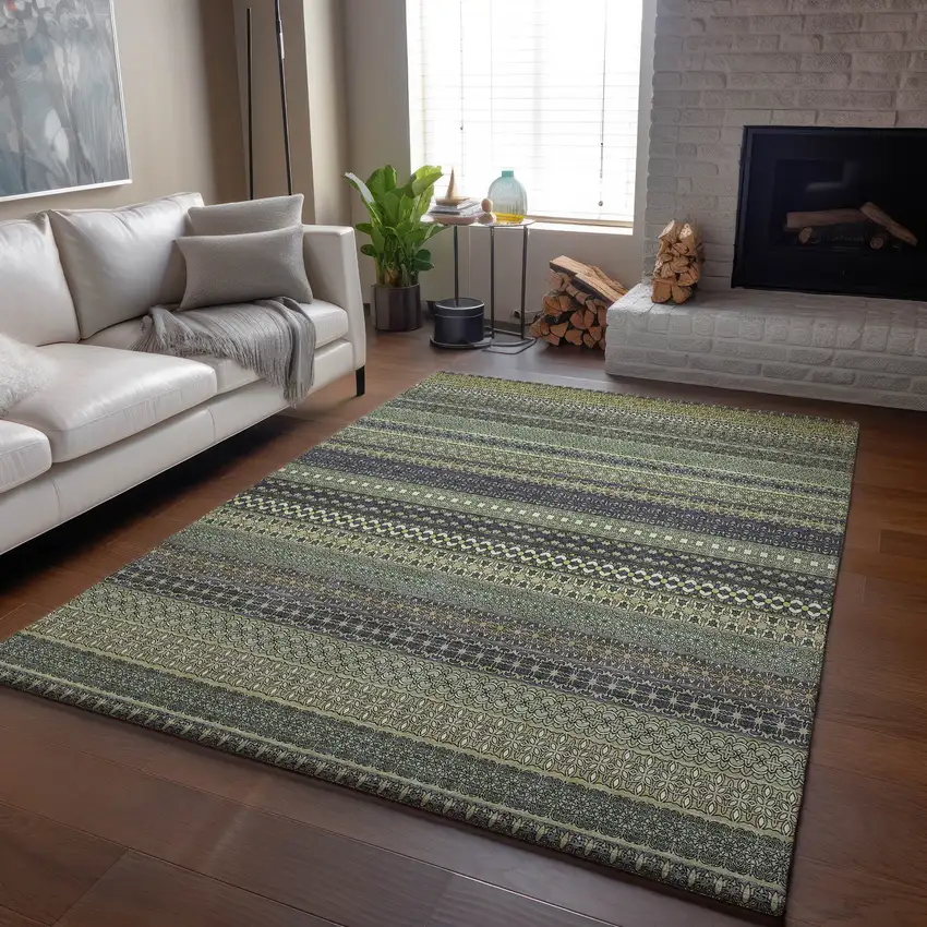Sage Gray And Ivory Striped Washable Area Rug With UV Protection Photo 6
