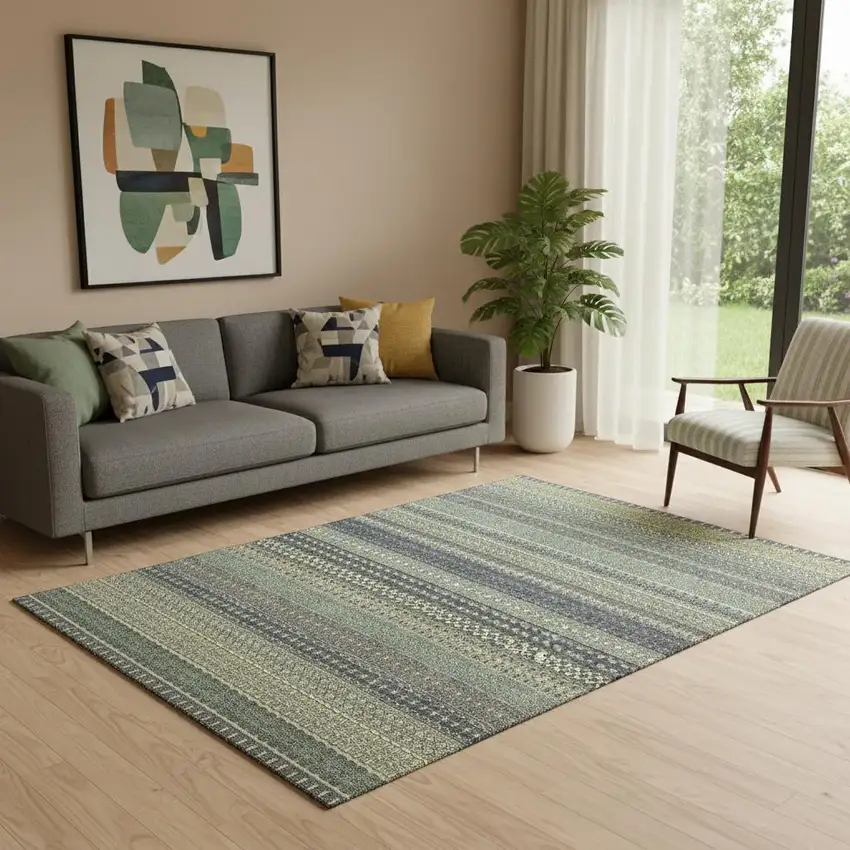 Sage Gray And Ivory Striped Washable Area Rug With UV Protection Photo 1