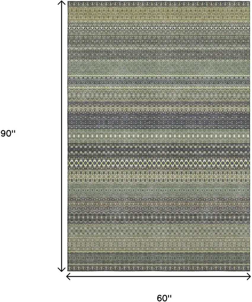 Sage Gray And Ivory Striped Washable Area Rug With UV Protection Photo 3