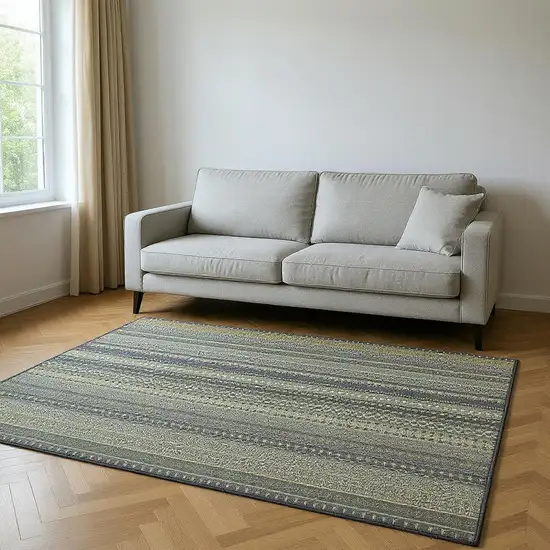 Sage Gray And Ivory Striped Washable Area Rug With UV Protection Photo 2