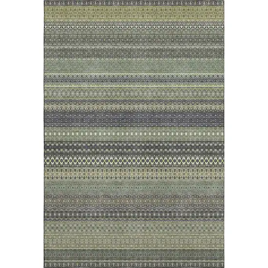 Sage Gray And Ivory Striped Washable Area Rug With UV Protection Photo 1
