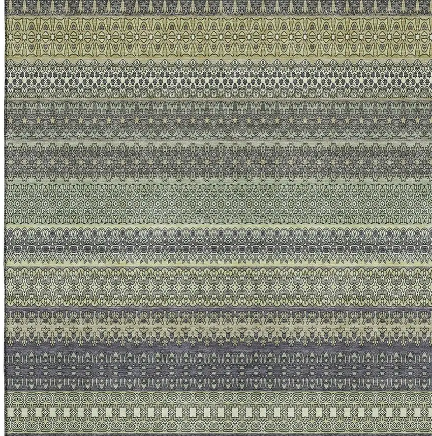 Sage Gray And Ivory Striped Washable Area Rug With UV Protection Photo 3