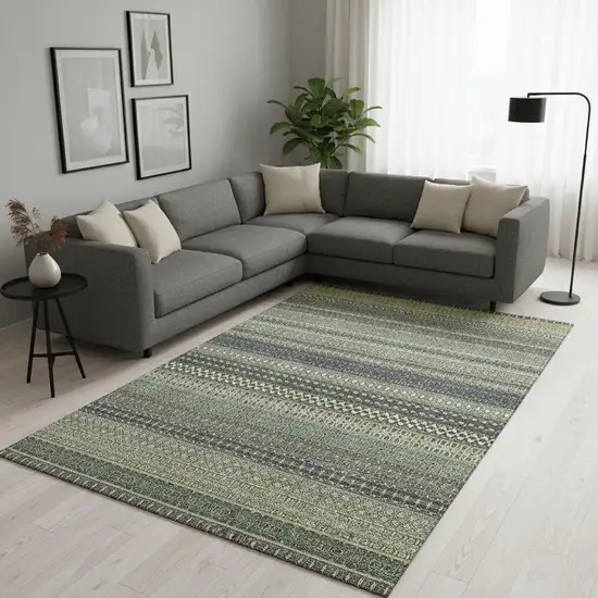 Sage Gray And Ivory Striped Washable Area Rug With UV Protection Photo 1