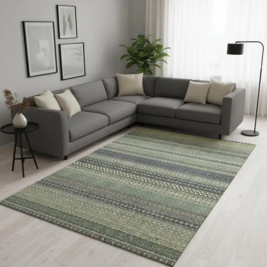 Sage Gray And Ivory Striped Washable Area Rug With UV Protection Photo 1