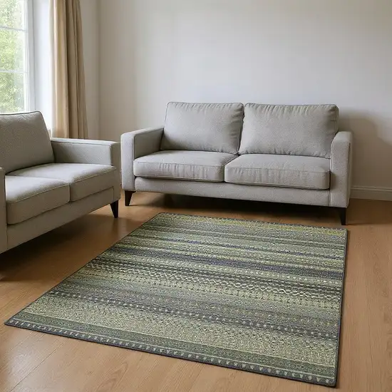 Sage Gray And Ivory Striped Washable Area Rug With UV Protection Photo 2