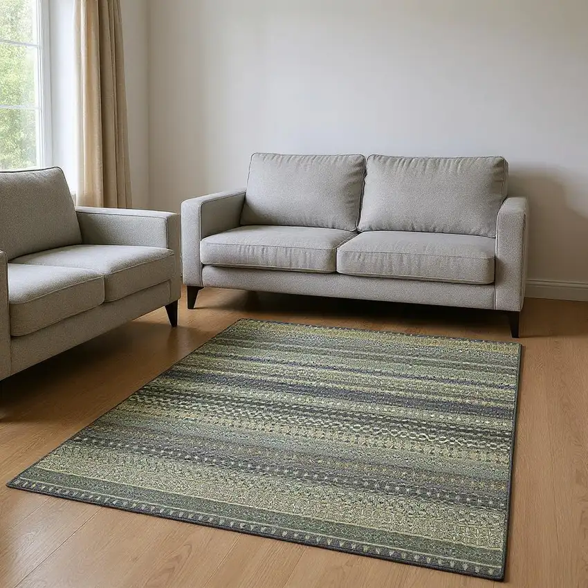 Sage Gray And Ivory Striped Washable Area Rug With UV Protection Photo 2