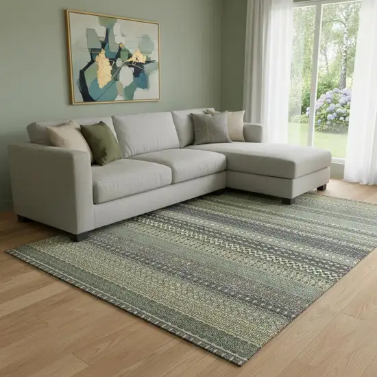 Sage Gray And Ivory Striped Washable Area Rug With UV Protection Photo 1