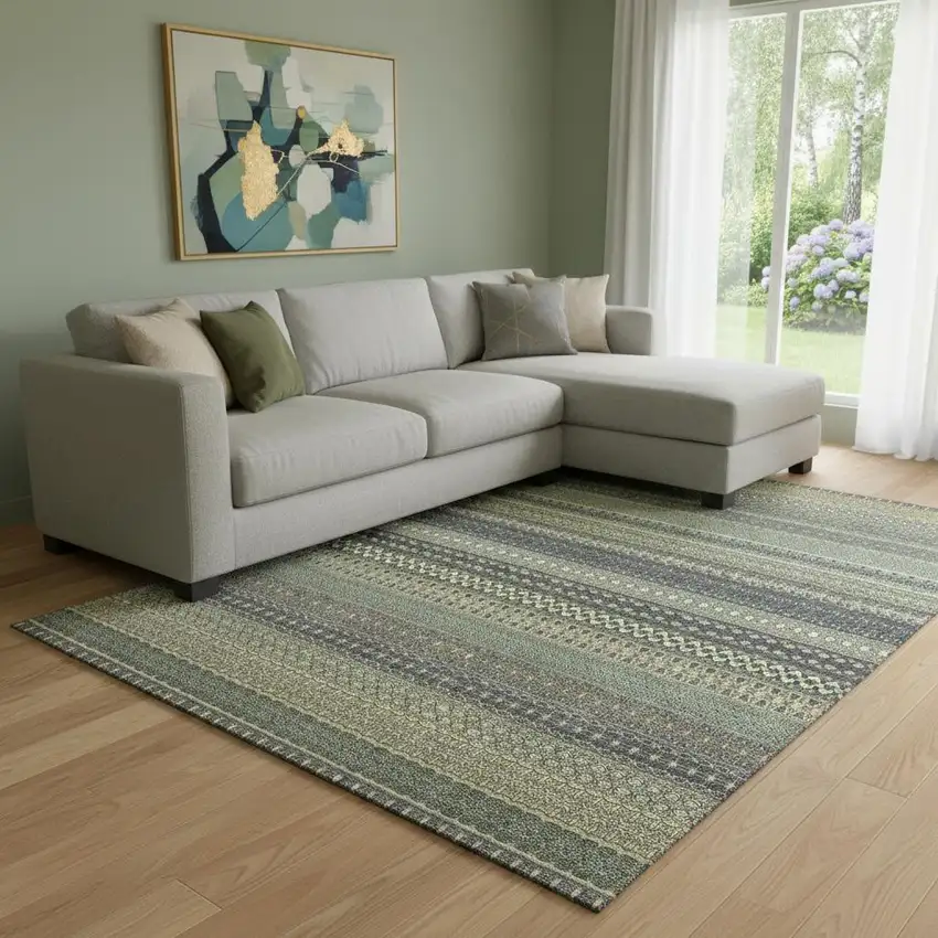 Sage Gray And Ivory Striped Washable Area Rug With UV Protection Photo 1