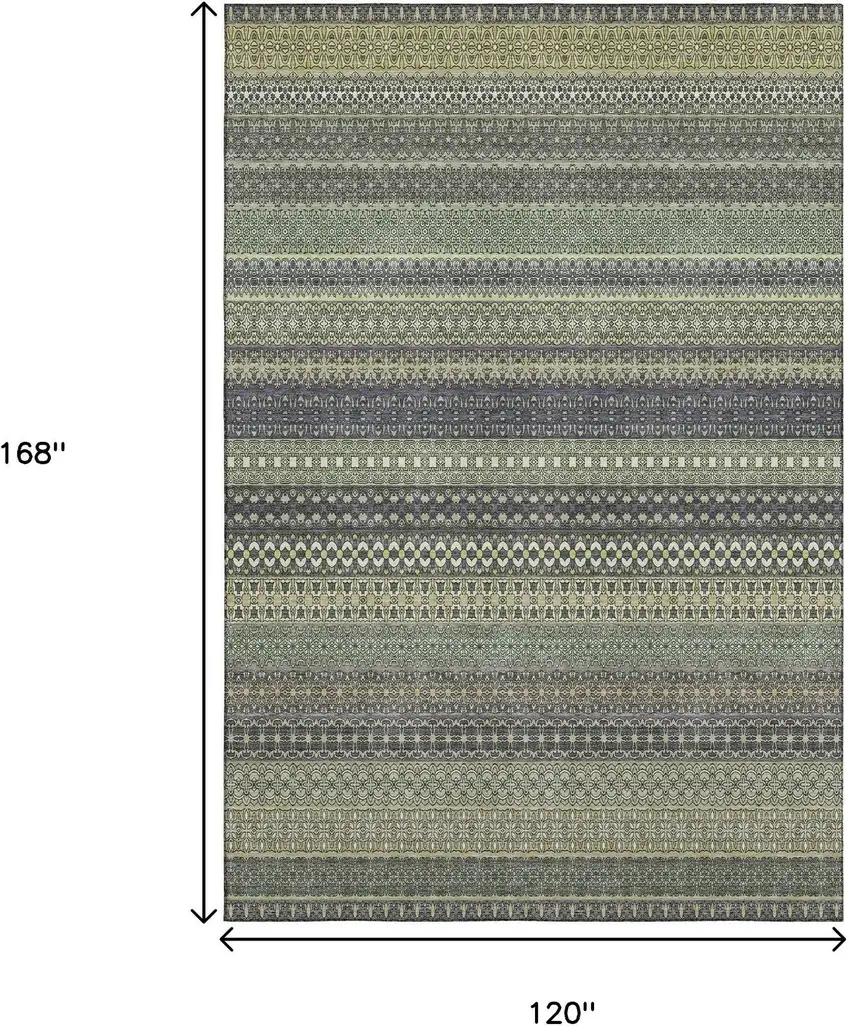 Sage Gray And Ivory Striped Washable Area Rug With UV Protection Photo 3