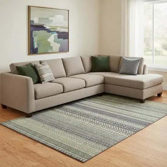 Sage Gray And Ivory Striped Washable Area Rug With UV Protection Photo 1