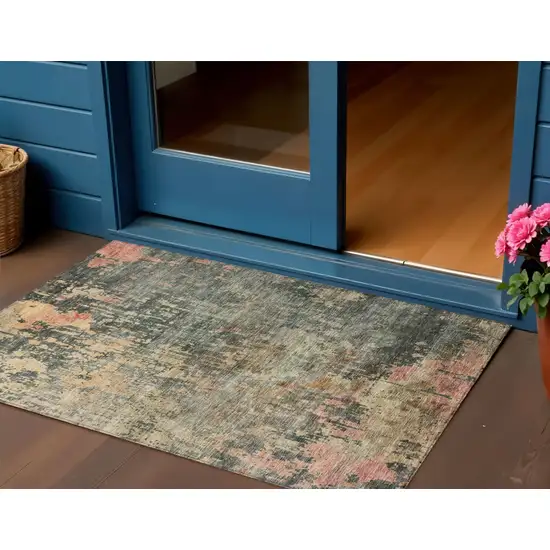 Sage Gray And Pink Abstract Washable Indoor Outdoor Area Rug Photo 1