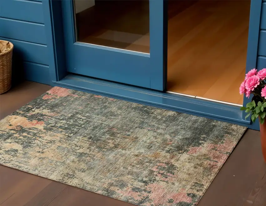 Sage Gray And Pink Abstract Washable Indoor Outdoor Area Rug Photo 1