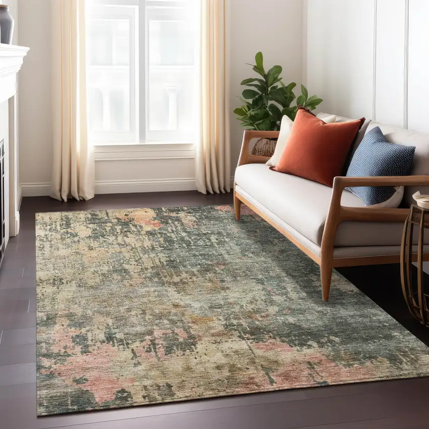 Sage Gray And Pink Abstract Washable Indoor Outdoor Area Rug Photo 9