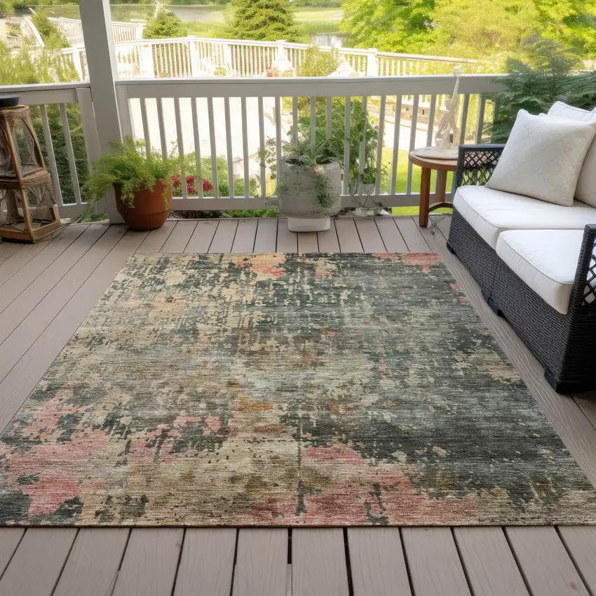 Sage Gray And Pink Abstract Washable Indoor Outdoor Area Rug Photo 9