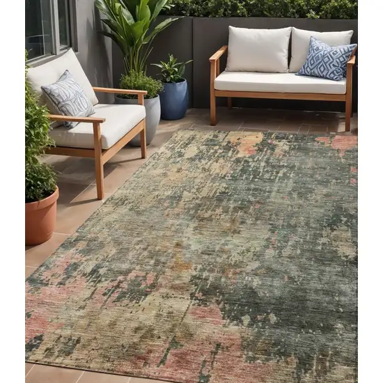 Sage Gray And Pink Abstract Washable Indoor Outdoor Area Rug Photo 1